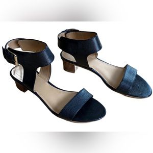 Nine West Black Leather Tasha Ankle Strap 1.5” Stack Heel Sandal 7.5 Like New